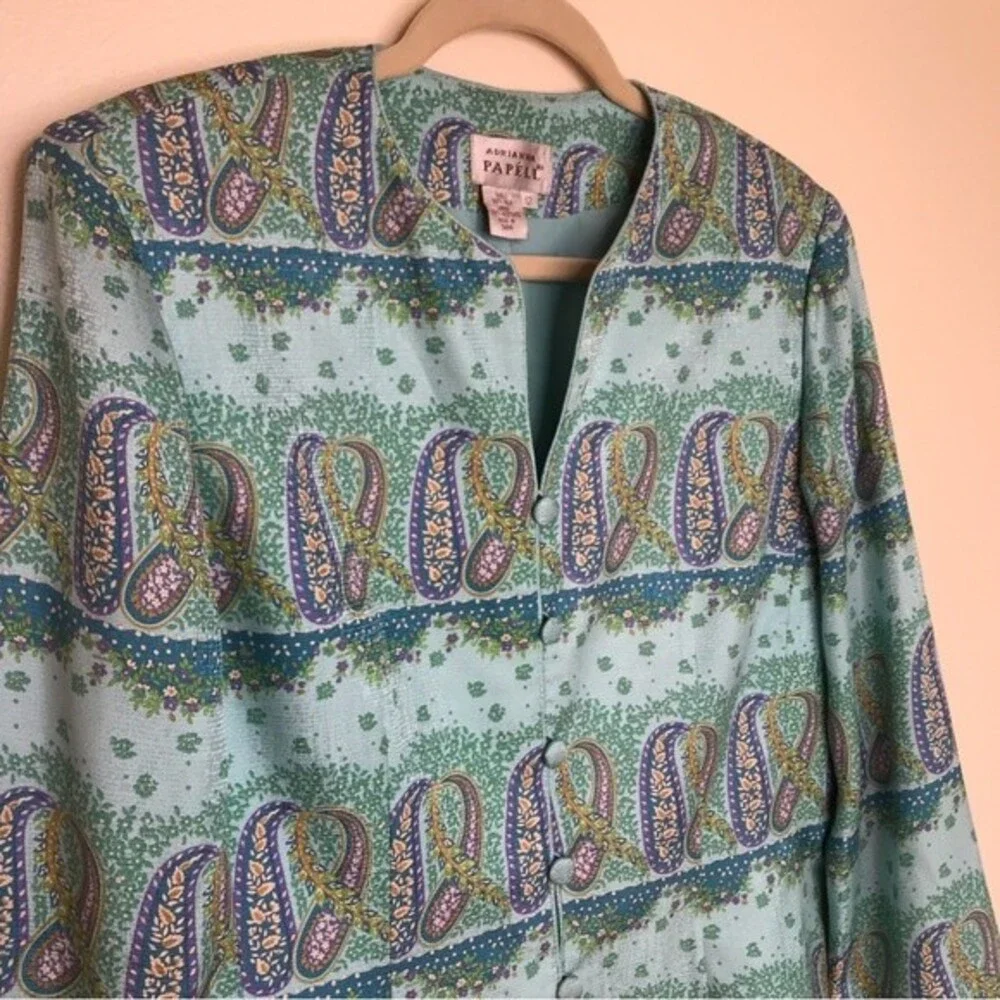 Vintage Adrianna Papell Paisley Silk Jacket Button Front Round Neck Women 12